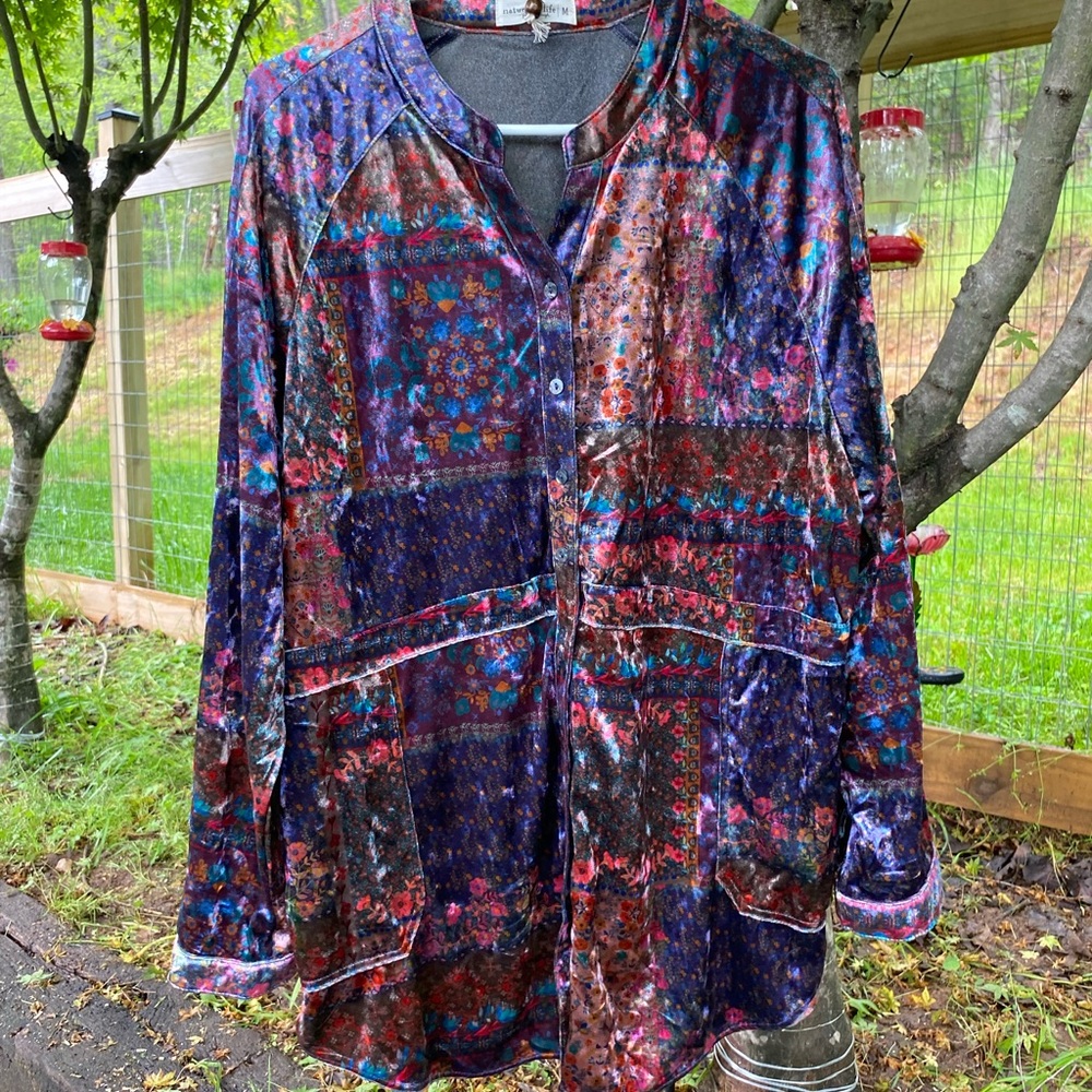 Natural life velvet patchwork size medium button down Velvet Women's Jacket